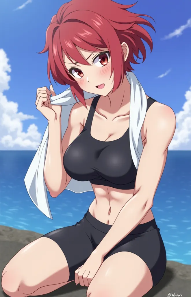 An adult woman has short red hair, and eyes of the same shade . He wears a tight black sports outfit, composed of a top and shorts. He has a white towel over his shoulders and is sweating, which suggests that he has been exercising.  The background shows a...