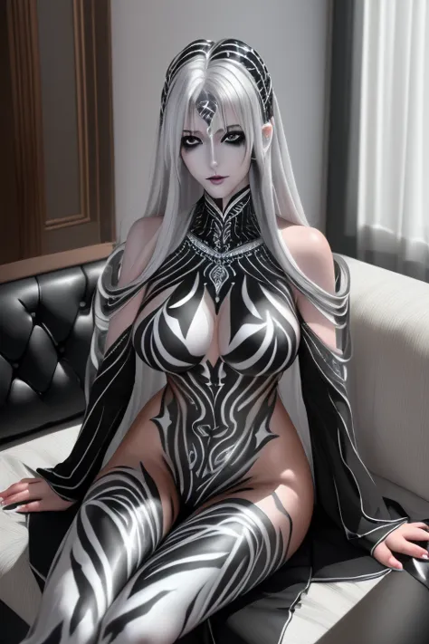 (High Resolution),  Dark Elves, (Silver body paint on the whole body and face :1.3), (white and black azurated body paint:1.3), Silver Hair Straight, (Asymmetric pattern ), (full body image), (Big Breasts), (sitting on sofa), (black gradation paint towards...