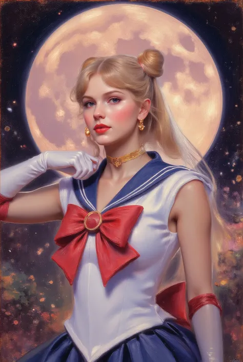 Impressionist_Style, An impressionistic oil painting of a beautiful 20-year-old girl with fair skin and very long straight blonde hair styled in twin tails with double bun. She is wearing a Sailor Moon costume and striking a pose. The background features a...