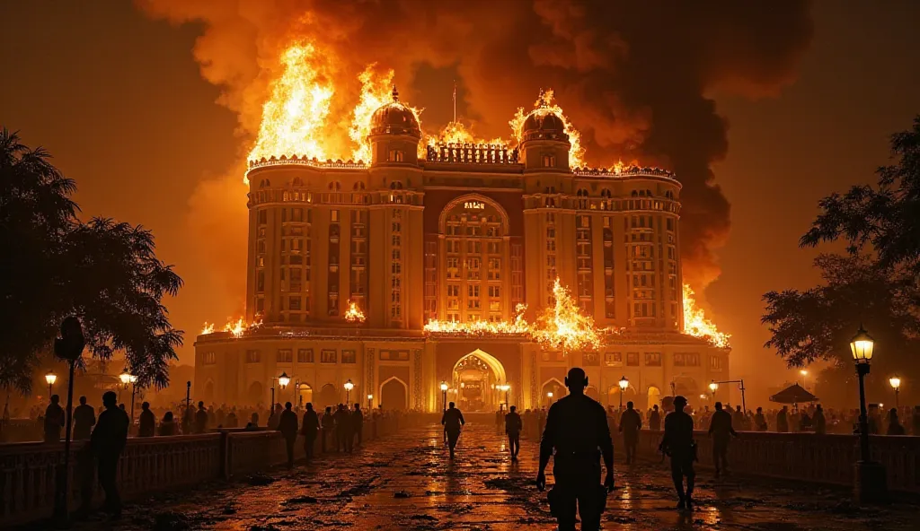 "The iconic Taj Mahal Palace Hotel engulfed in flames and thick black smoke. The night sky is filled with an orange glow from the fire. SWAT and NSG commandos in action near the entrance, with bullet-ridden walls and shattered glass windows. The scene is t...