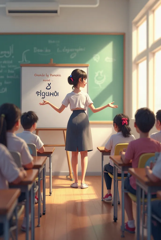 create a class with a teacher wear skirt and 10 students and on the white board write the word កុំ ជក់បារី  បារីប៉ះពាល់សុខភាព , teacher show the sign not to smoke to student 