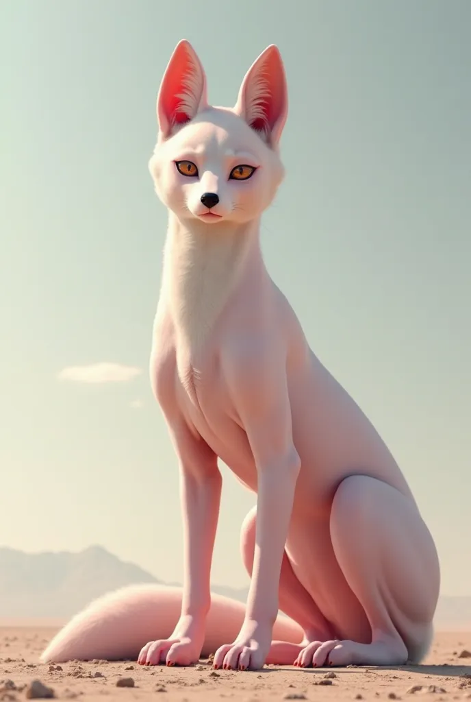 fox completely bald completely bare skin pale pink body pale pink body glitters sweaty female 200 meters tall stands on 4 legs high definition 