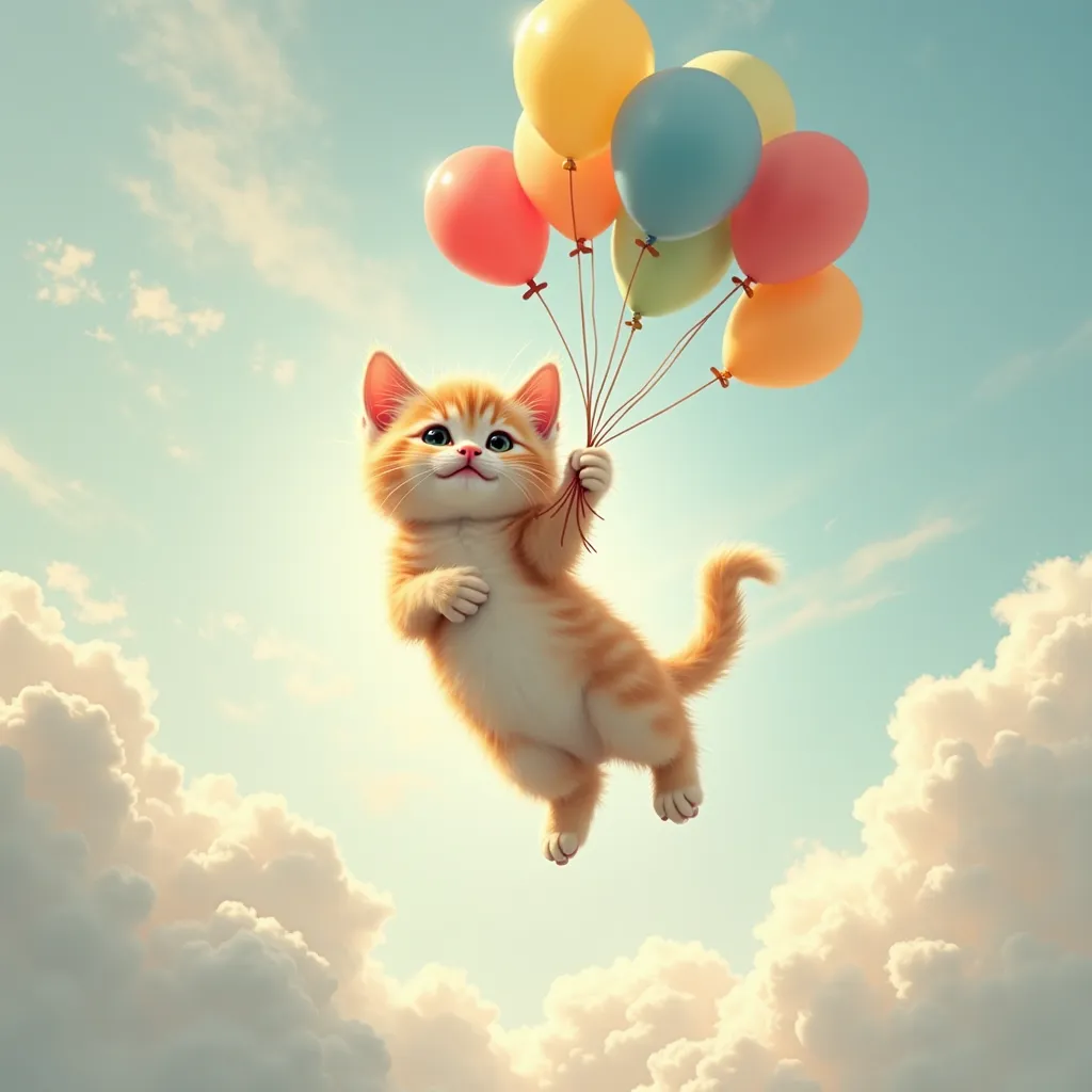 hope, a cute kitty holding a bunch of balloon flying in the sky, cloudy