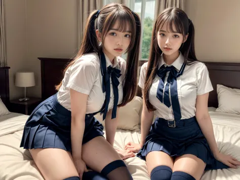 masterpiece, best quality, illustration, Super detailed, fine details, High resolution, 8K,wall paper, perfect dynamic composition,(Details High quality, realistic depiction of eyes:1.3), (2 girls), High school girl uniform、Super Short Check Uniform Skirt、...