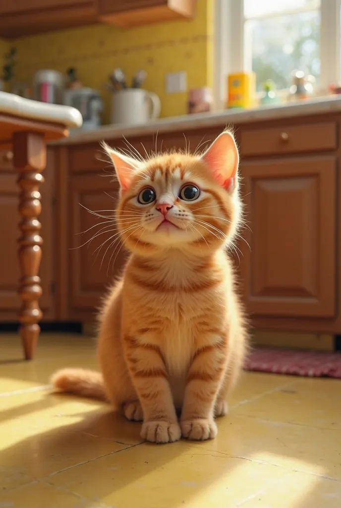 Orange chubby cat, Whiskers, with perked ears and wide eyes, standing in the middle of a kitchen. She is looking down with excitement as the sound of a jingle echoes in the air. The kitchen has a warm, lived-in feel with a wooden table, bright yellow tiles...