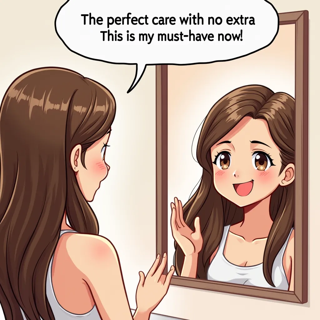 A comic-style illustration of a young woman happily looking at herself in the mirror. Her hair is now smooth, shiny, and perfectly styled. She has a bright, satisfied smile on her face, clearly pleased with the transformation. A speech bubble above her say...