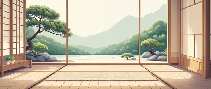 illustration in soft colors predominating , minimalism of a Japanese style living room with window to see the minimalist Japanese garden with bonsai trees, the stage evokes energy and elegance