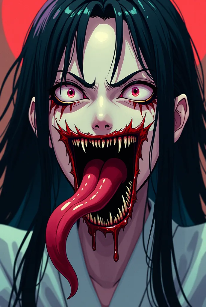 kuchisake onna with torn mouth to ear,  long tongue, Anime style, without background, just the head