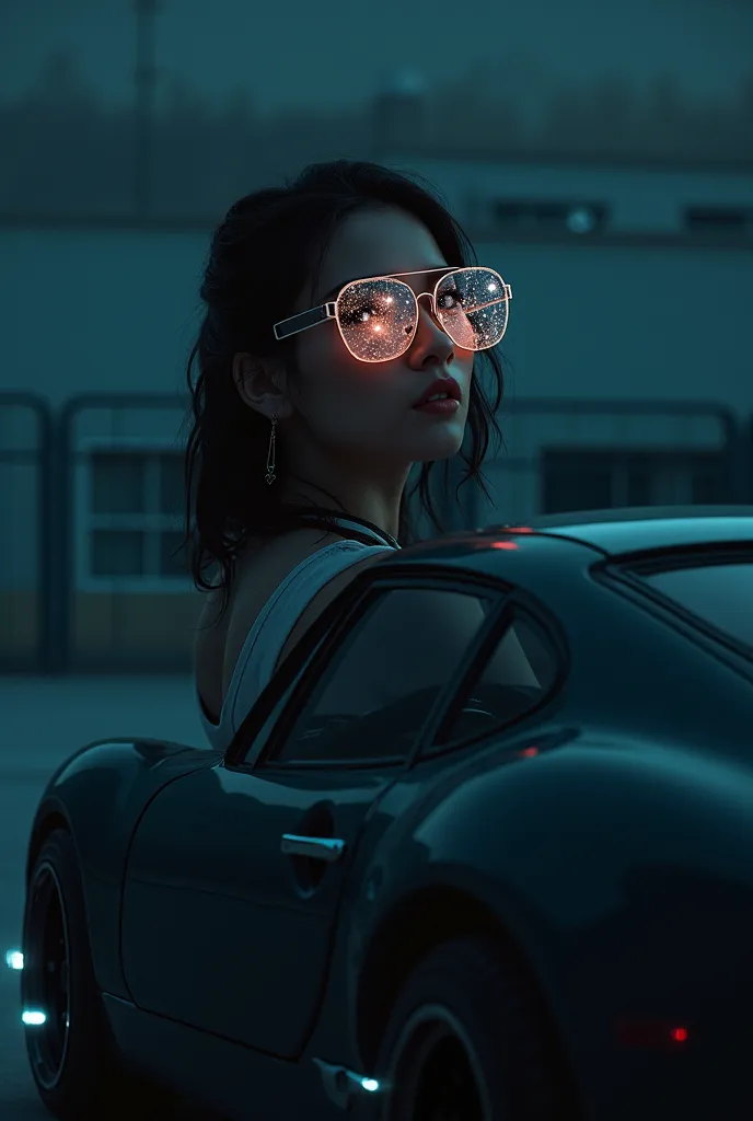 a woman wearing glass sunglasses with stars and the moon on the glass, detailed facial features, elegant posture, mysterious expression, high quality, professional photography effect, cinematic outdoor nature landscape, moody dramatic lighting, fantasy sci...