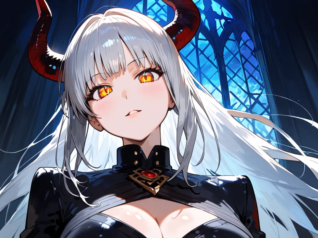 masterpiece, highest quality, 20-year-old demon girl, Curvy, 
with distorted demon horns,
Half-up hairstyle, silver hair, Beautiful face, brilliant eyes,
black battle dress with elaborate and extravagant details,
inside the demon castle, mid night, pitch b...