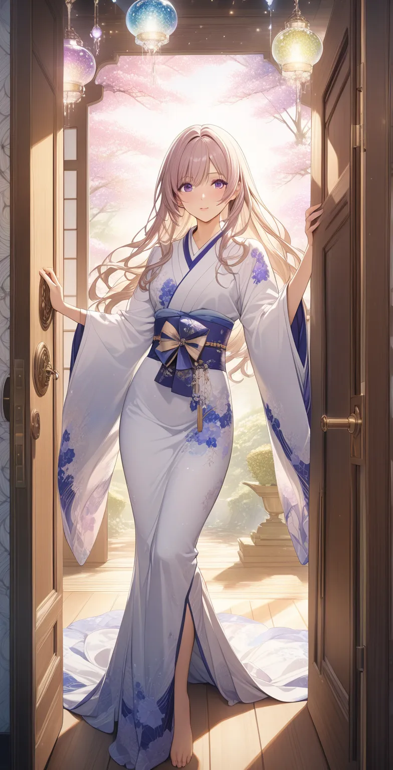 The fairy in the magic lamp is super beautiful, anime style Eye-catching style Anime style Violet Evergarden Anime style illustration, a beautiful girl opening the door to spring and jumping out style (masterpiece), super beautiful, shiny long straight hai...