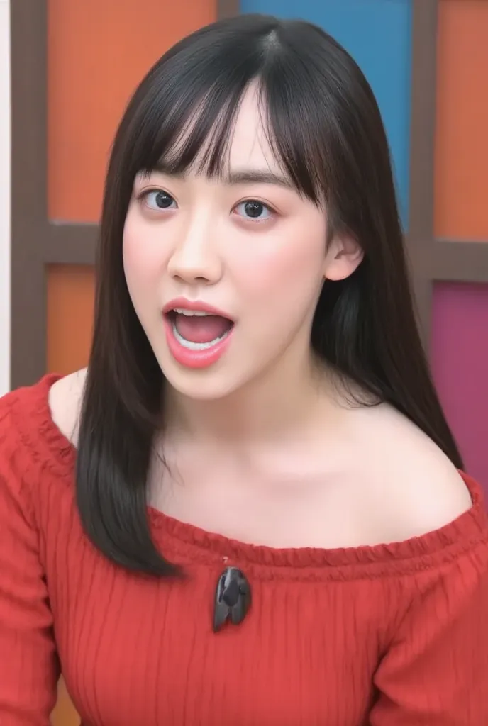 The high resolution photograph of a young Japanese female idol, solo, 1girl, wearing a off-shoulder dress, face focus, close-up of face, looking at the camera, pale skin, detailed face, detailed eyes, seductive eyes, natural make-up,
(open mouth, cum in mo...