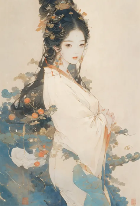 A beautiful woman with a small face and a long neck、Picture of a Woman with Long Hair and a Fan, Korean Art Nouveau Animation, Beautiful and Exquisite Paintings, Jean J., beautiful character drawing, Complex and beautiful painting, Chen Yifei , julianne, ,...