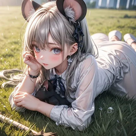 （(（High Resolution)(masterpiece) (Anatomically Correct)))Quadrant lens,（Silver/blue/ gray hair ） ribbon,  mouse ear , (1 girl, cute）（Meticulous details.迷人cute的大眼睛）（Gorgeous Shiny）Diversity, 3D rendered wind （Rainy Day Raindrops Glossy）Face-to-face sadness，...