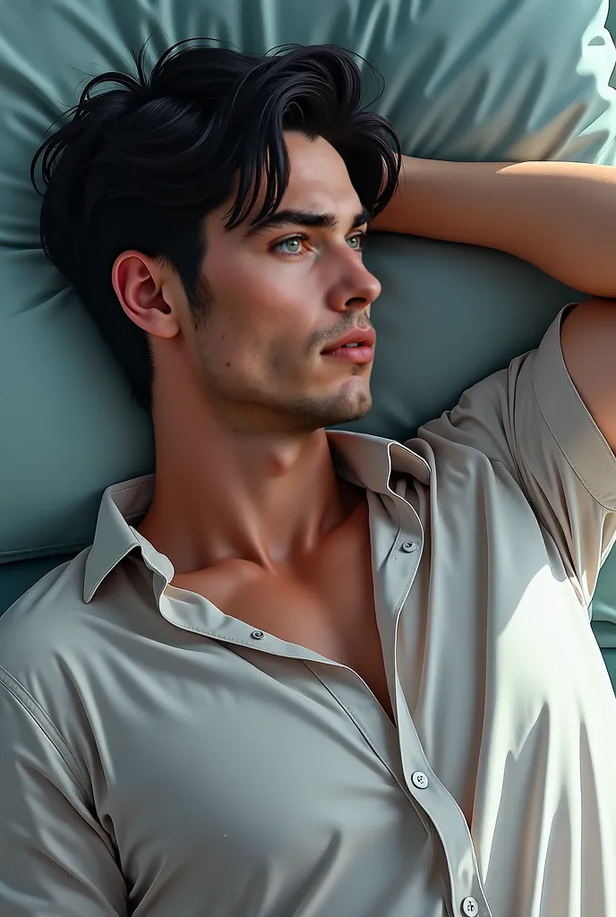 man, Realistic,  White , black hair,  very blue eyes , shoulder length hair shirt,  sleepwear,  himself lying on the bed, full body, fit body, defined muscles.