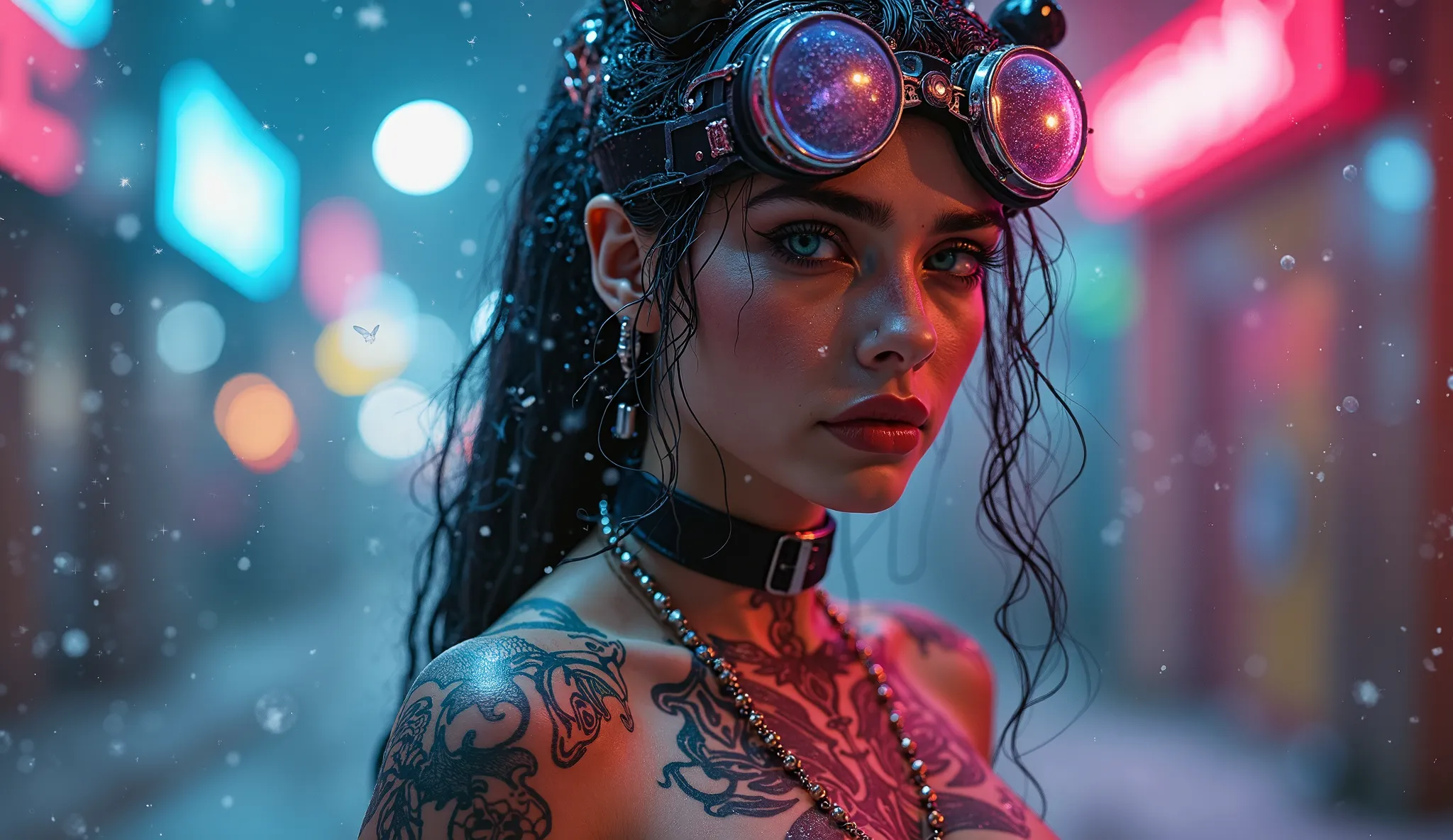 Cleopatra dressed as a spiderman, hipster, in the tattoo , full length, cat, cyberpunk 2077, лицо in the tattoo ,  cybernetic,  with wings , in a cyberpunk, Cybergirl , eye detailing, magical beauty, neon, neonовые частицы, хлопья  snow а,  snow 