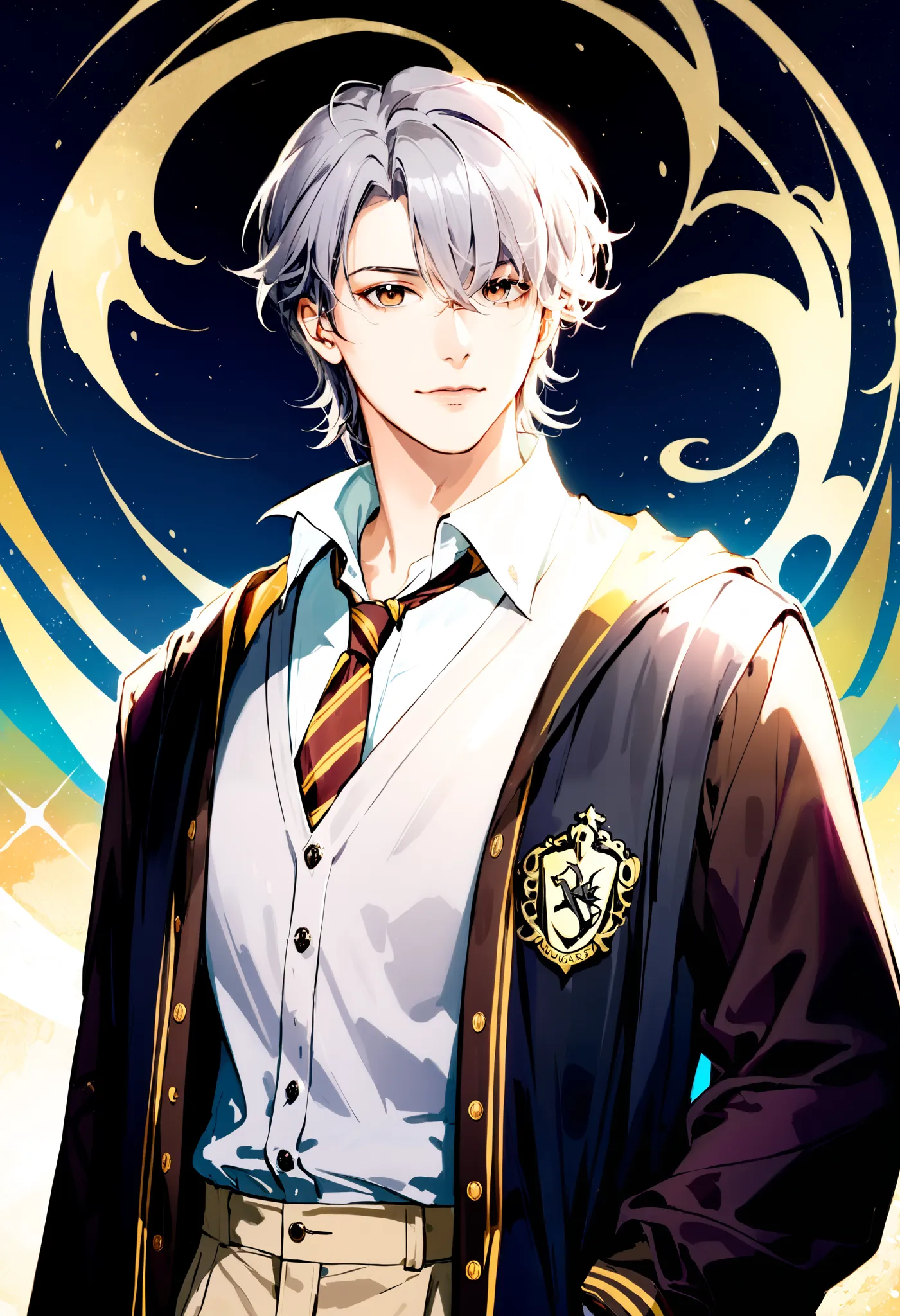 (absurdres, highres, ultra detailed), 1 Male ager (17-18), Youthful face, Medium-length Gray hair, Brown eyes, Looking at the camera, Wearing a Hogwarts uniform, Black robe with Hufflepuff emblem, White collared shirt, Tie in house colors, V-neck sweater, ...