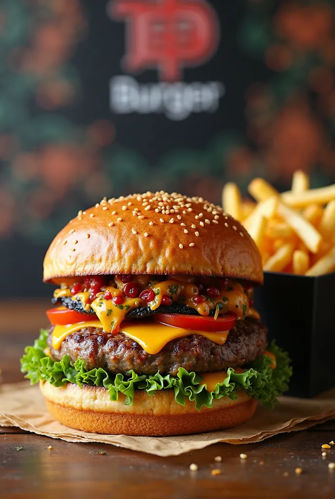 A black food truck called "fusion burger" Where we see the inside with a hamburger inspired by Japan and a box of fries