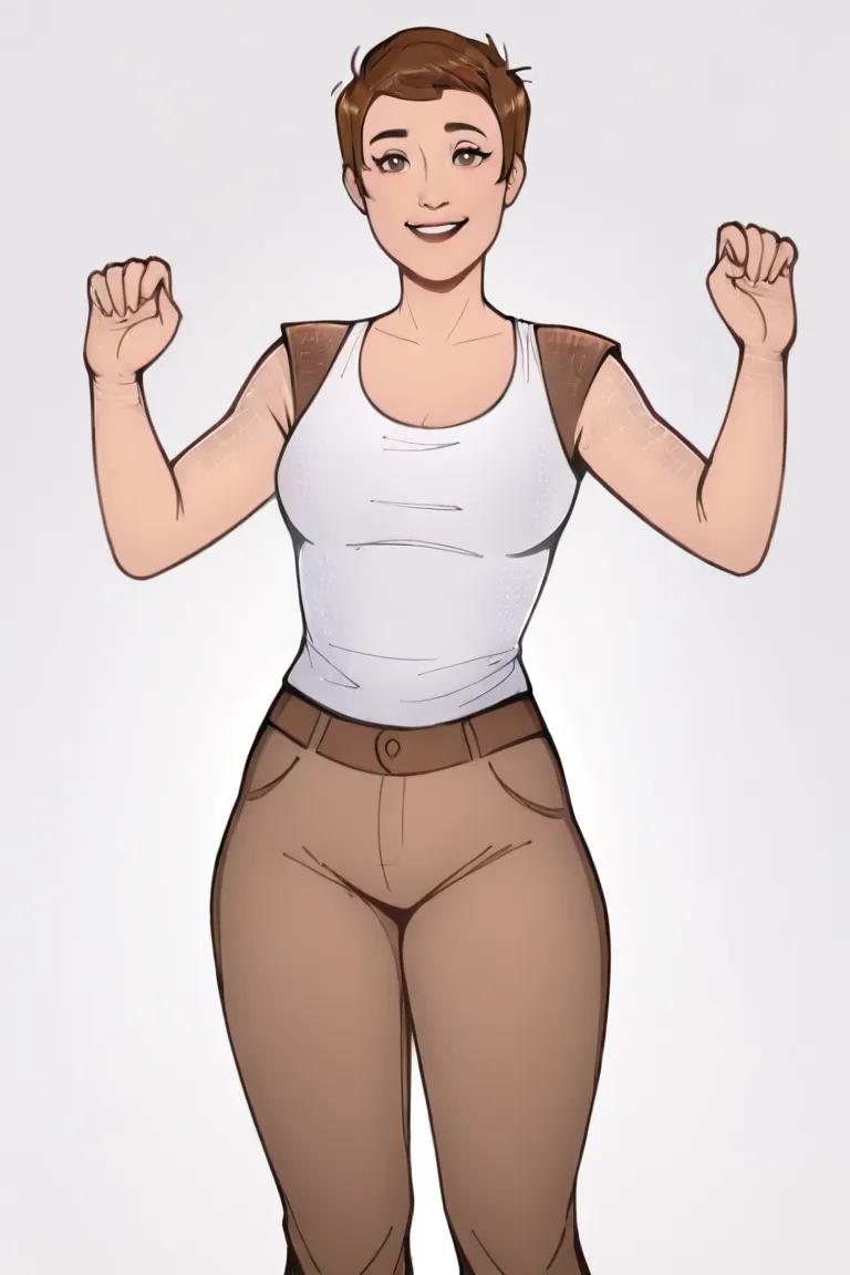 IsabelAI, Hologram, brown hair, brown eyes, white tank top, brown pants, standing, looking at viewer, intimate, open mouth smile, light smile, sexy pose, ready for action, arms by side, butt sticking out, white background, no glow