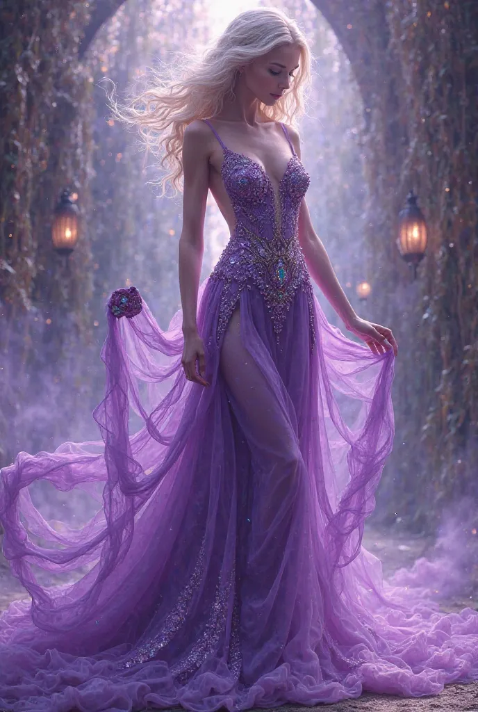 Purple goddess dress with lots of skin showing (no face)