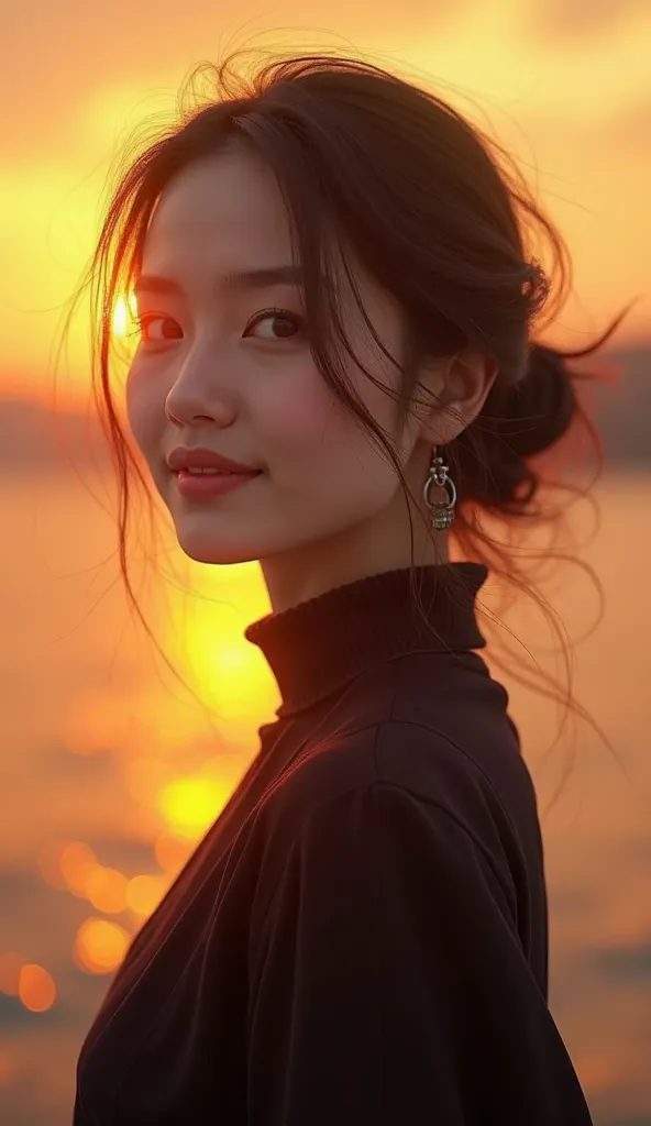 (A stunning young woman with a soft, gentle smile, her eyes filled with warmth, side profile, glowing sunset background, soft warm lighting, dreamy and artistic atmosphere, elegant posture, delicate facial features, smooth skin, realistic hair details, wea...