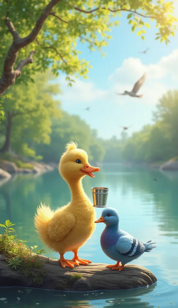 "A peaceful lakeside scene with a golden duck and a blue pigeon standing on a wooden log near the water's edge. The duck is holding a small metallic cup in its beak, while the pigeon looks on affectionately. The background features lush green trees, a brig...