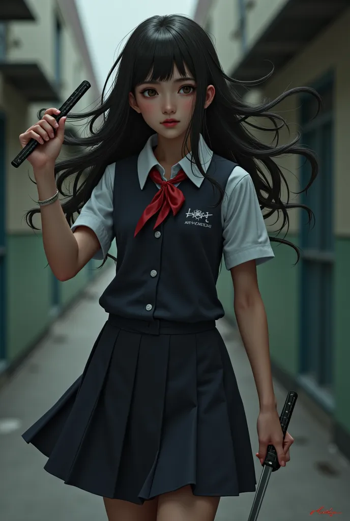 girl wearing school uniform, long hair looks brave and serious face and there is a demon inside her, has small blade weapon, not an anime 