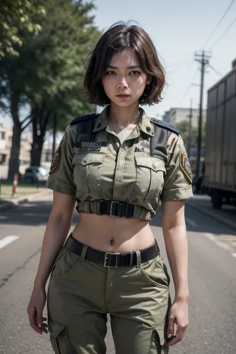 Arm , military police , Armdura táctica, ,  using tactical equipment , military girl, Beautiful female soldier, , girl soldier, military uniform,  ready for combat , Israeli Army Badge Asian Short Hair Full Realistic 4K 8k Slim Curvy 