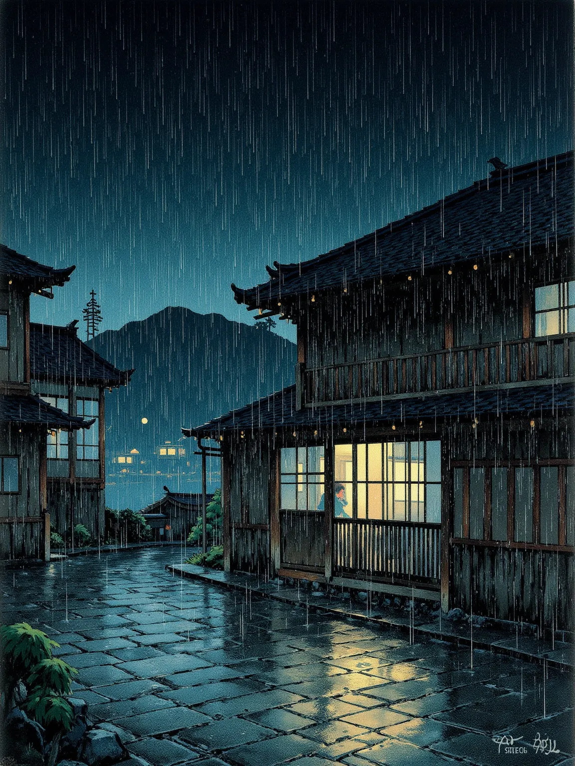 浮世絵風のOriginal Japanese Sceneryの多色刷り木版画, Traditional Japanese Woodblock Print Style,Kawase Hasui's Landscape,Raindrops dripping from the eaves play the leading role,Rainy Wooden House,Hazy Distant Scenery,Wet Cobblestones Reflect Light,Delicate Lines and Mu...