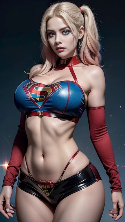 Actress Nata Lee with Harley Quinn as Supergirl in the Suicide Squad movie、Acting Poses、Perfect Curves、 Extremely Beautiful Blue Eyes 、Extremely Smooth Curves、 beautiful blonde hair 、turning y、Cosmic Backdrop