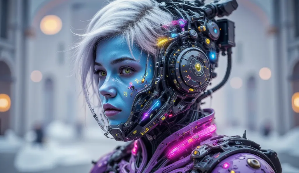 A girl of about , with blue skin and short white hair,  Around the neck , smooth but cut into tufts, with big eyes and a yellow cat's pupil and a very pretty face, wears a futuristic pilot suit and fitted in a futuristic violet color with a pink collar,  f...