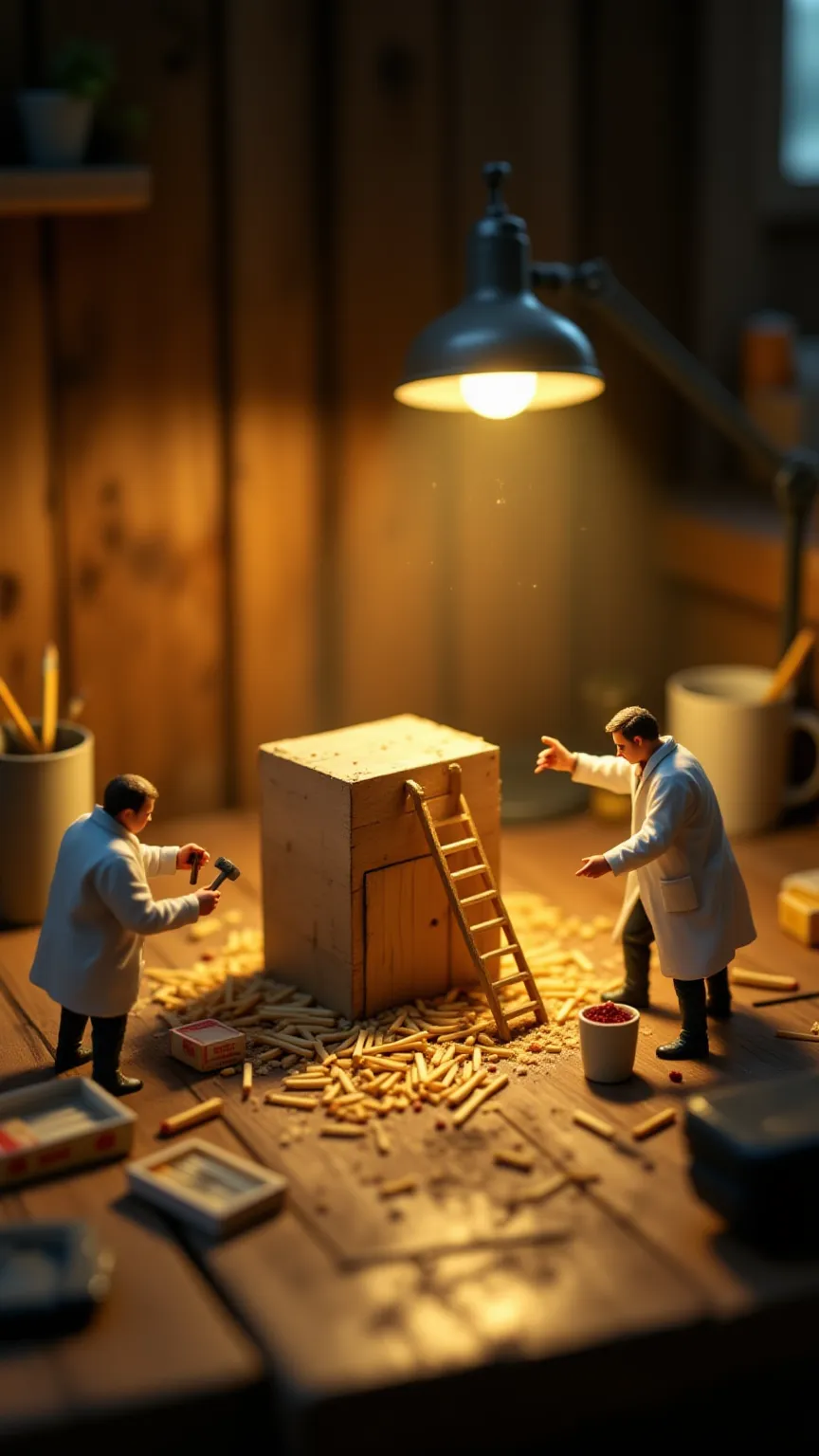  A photorealistic , shot in cinematic style.  Miniature men , the size of an ant, building a matchhouse on a table. They wear white coats and work as a team, using small stairs and hammers. On the table there is a table lamp, illuminating the space with wa...