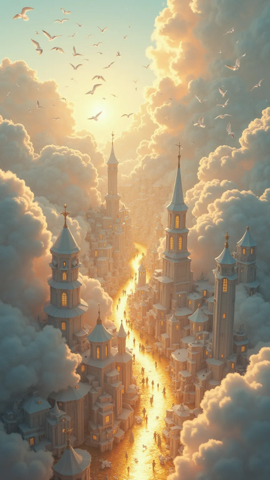 "A breathtaking city among the clouds, where golden streets wind through small, cozy houses made of glowing white stone. ren laugh as they chase doves, and angels walk among them, playing harps and spreading peace."