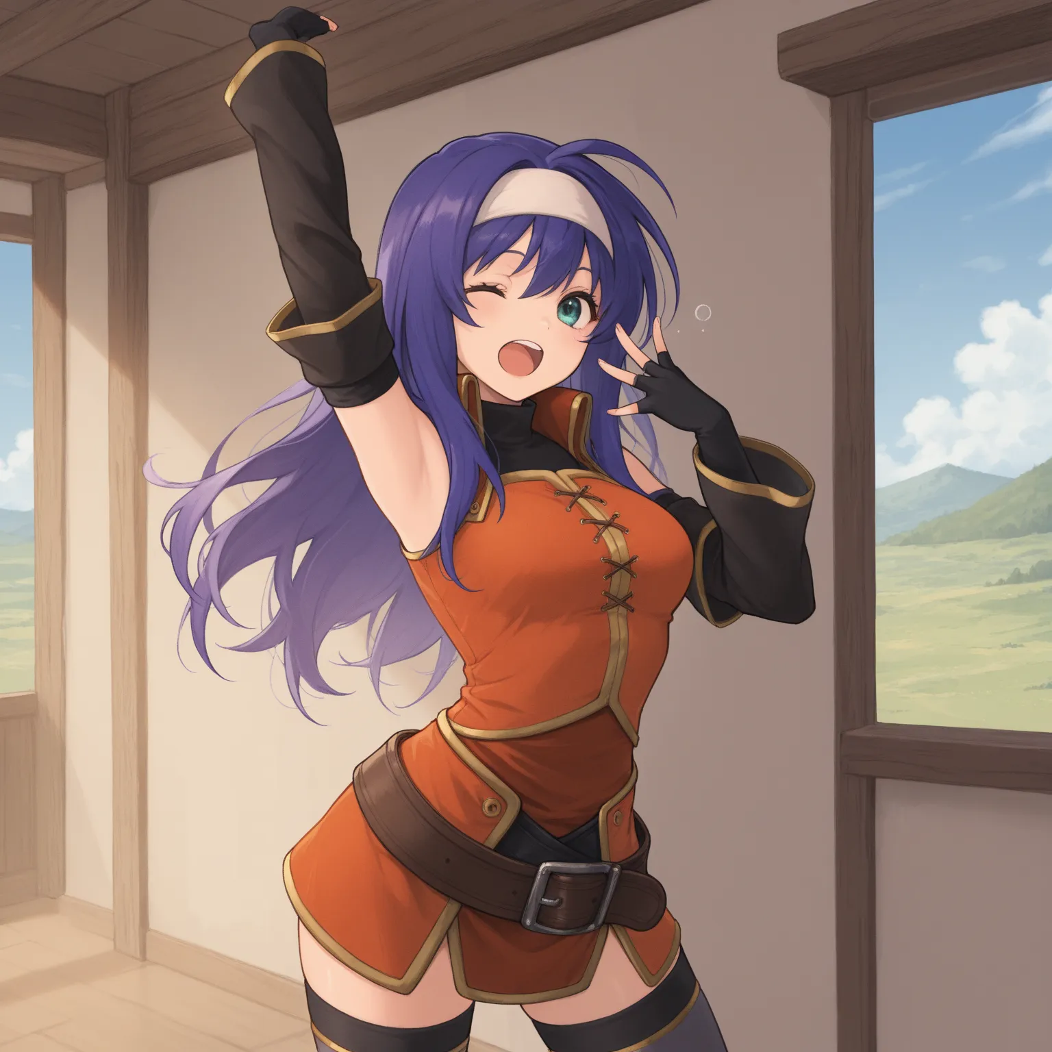 masterpiece,best_quality, 1girl ,Alone,mia ferd,white hairband,detached sleeves,fingerless gloves,orange dress,sleeveless turtleneck,black shirt,belt,thighhighs,cowboy shot,standing,smile,blue sky,oking at viewer, stretching out 、Yawning、interior、Looks sle...