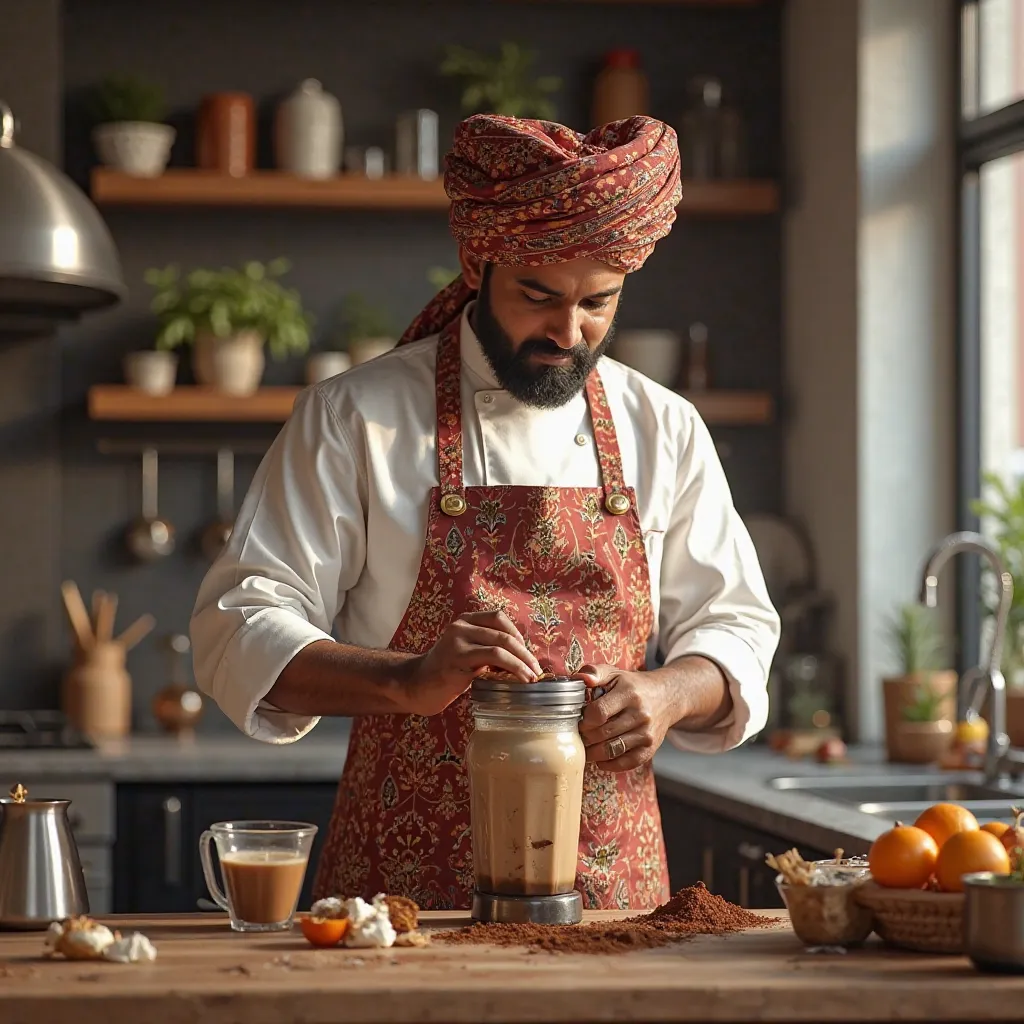 Indian chef making cold coffee with powder and blending it  in his Mordenised kitchen and whipping it on the top