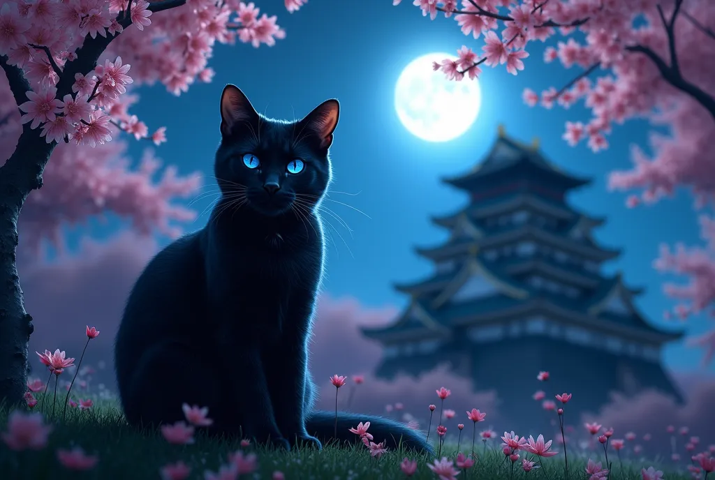 A black cat 、eye color is blue、 cherry blossoms at night、colorful、Osaka Castle in Japan in the background、 night view、delicate、realistic、real