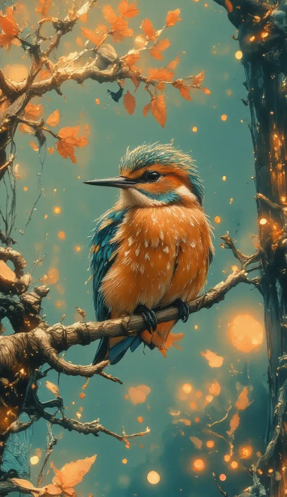 "A majestic kingfisher bird with iridescent blue and orange feathers perched on a twisted branch over a crystal-clear emerald lake. The warm glow of the golden sunset creates a mesmerizing bokeh effect in the background, with soft, blurred orbs of light. T...