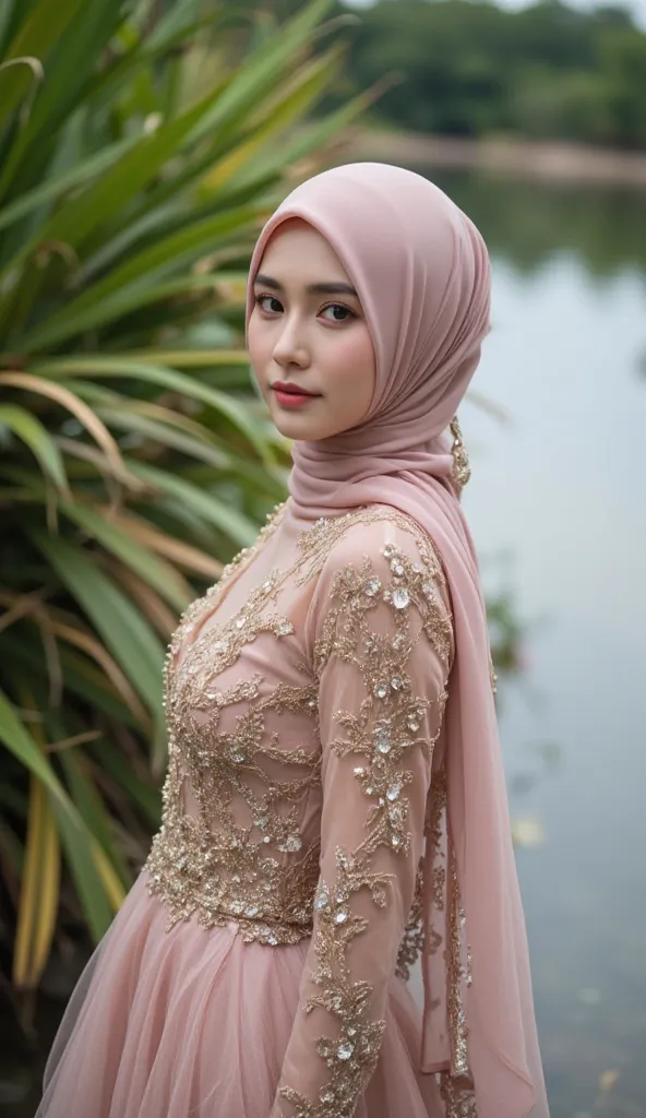 Close-up of a woman in a luxurious evening dress with a hijab, against a background of plants and water, from the side, looking at the camera.