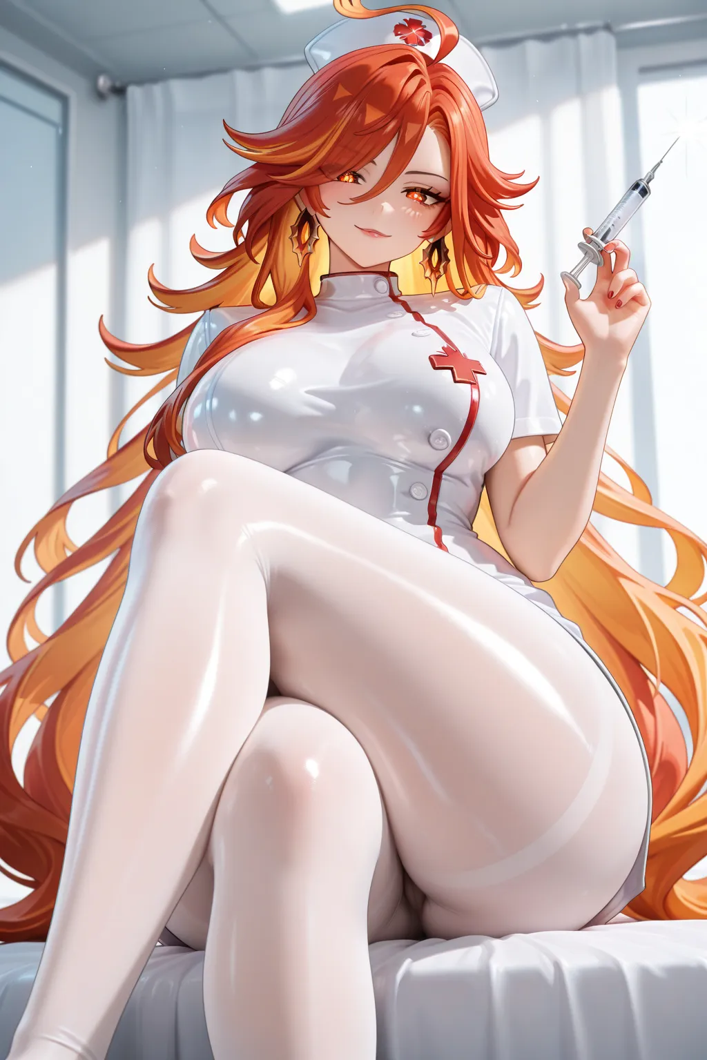 1 girl, solo, mature woman, milf, mavuika, red eyes, long hair, very long hair, orange eyes, ahoge, sun-shaped pupils, multicolored hair, red hair, medium breasts, curvy, thicc thighs, thick legs, alternate costume, syringe, nurse cosplay, nurse hat, nurse...