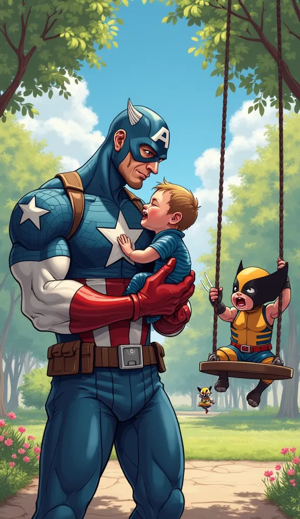 captain America picking up crying baby captain America while crying baby wolverine is playing on a swing in a park