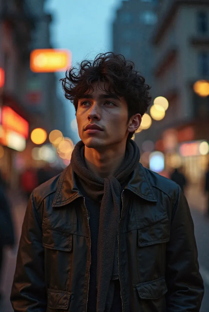 Take a photo of a young guy in town in the evening with a thoughtful look