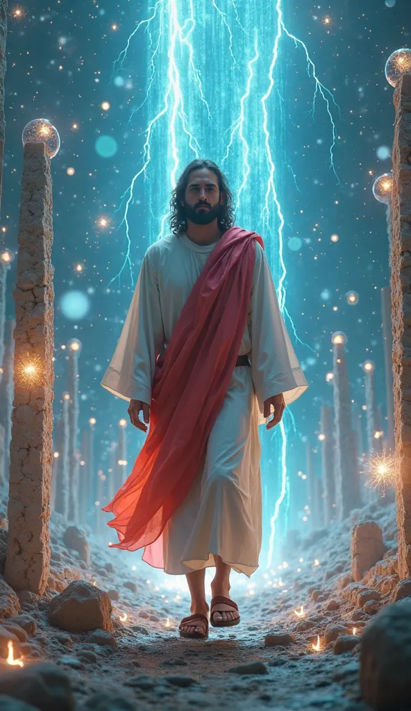 A hyper-realistic 8K cinematic close-up of Jesus walking through a forest of glowing celestial spires, their surfaces etched with ancient runes that pulse with light. Surrounding him are floating orbs of liquid constellations, their stars merging and split...