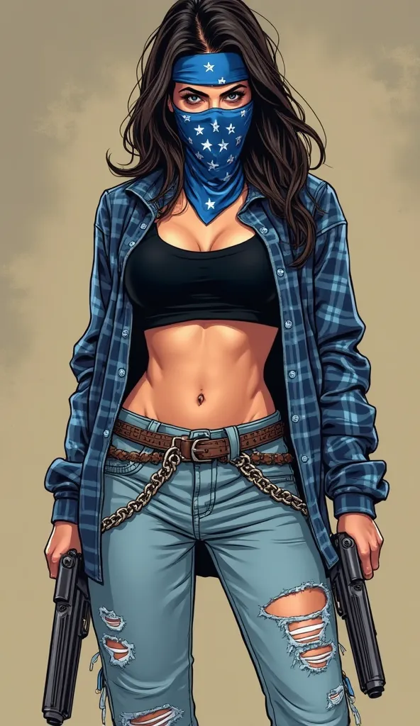  20 year old Mexican woman as superhero wearing a black crop top under a blue flannel shirt,blue bandana,bare midriff, outie navel, light blue baggy ripped up low waisted jeans and masquerade mask. She got 2 guns and chain belts on her waist. In the style ...