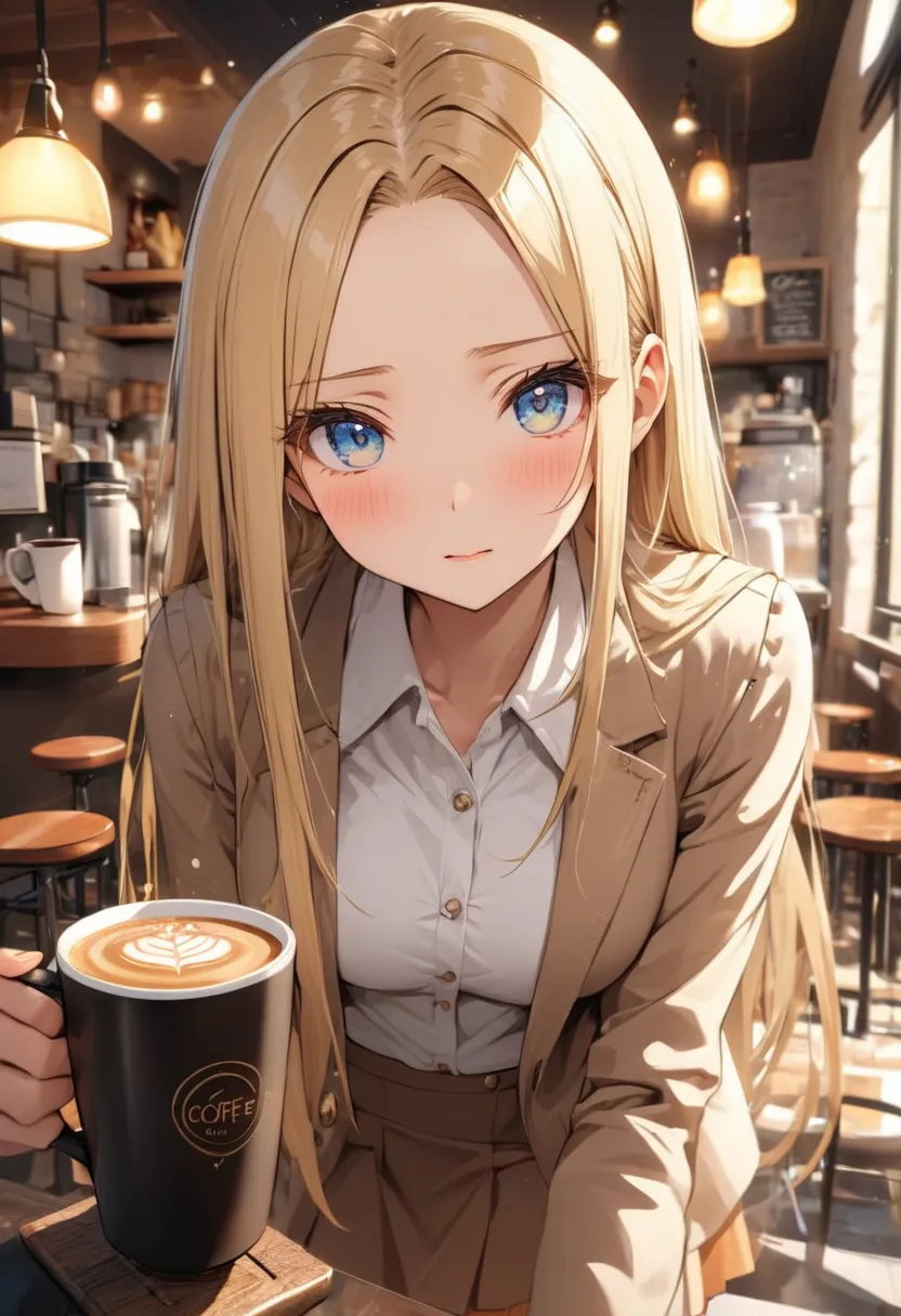 Beautiful facial features, Exquisite eyes,simple clothes,detailed,long blonde hair, straight hair, forehead, cofee,blush, mini skirt, at the cafe, A powerful angle