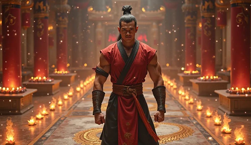 Mortal Kombat Liu Kang standing still in a mystical palace in the heart of Edenia, surrounded by floating lanterns and golden lotus ponds. The marble floors are decorated with intricate dragon engravings, while a celestial glow bathes the scene under a vas...