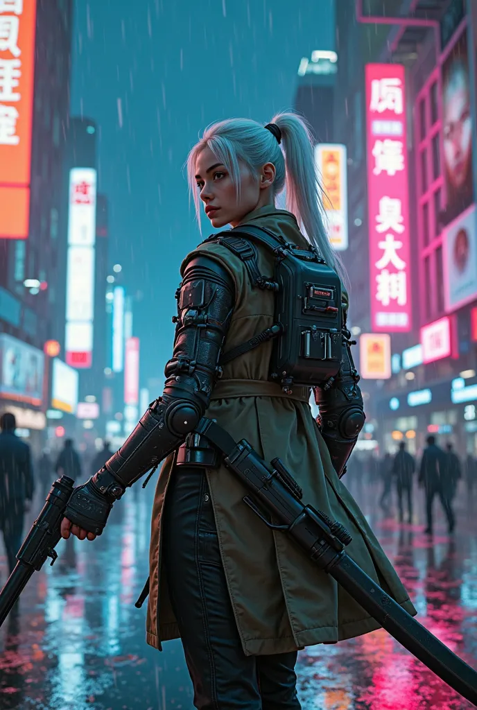 A cyberpunk-themed young man in ultra-high definition (4K), with a fully mechanical left arm gripping a pistol and a right hand holding a sleek katana. He has long white hair tied into a ponytail, exuding a striking and enigmatic appearance. The man is dre...