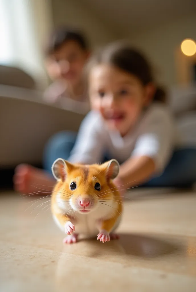 Video of a hamster that runs happily around the house and a  who chases him while playing with it