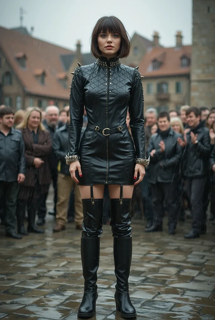 In the center of the medieval square, dressed in rough tight pvc quilted embossing tight closed turtleneck dress with a high neck and with spikes and studs and sleeves,  woman . The material shines unnaturally, tight,  high boots, thigh-high boots, bob-cut...