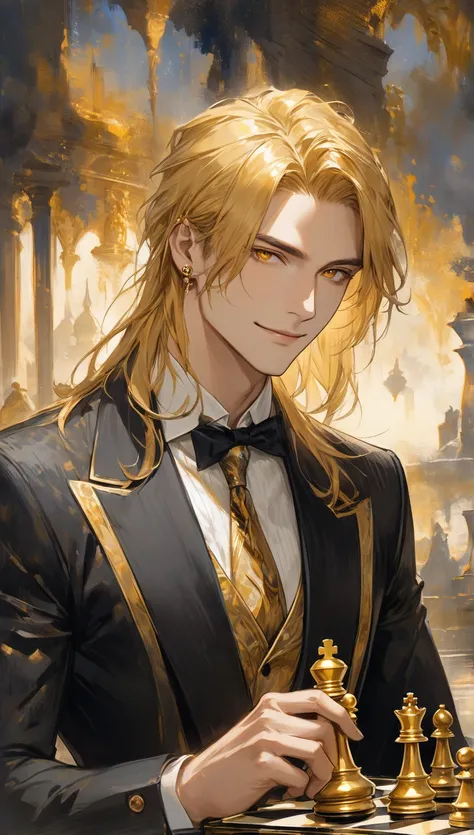 1man, handsome man, landscape, illustration, half body, handsome, golden blonde middle part hair, piercing gold eyes, calm demeanor, warm smile, fantasy theme, Elegant black and gold business clothes with fantasy theme, holding a gold chess pawn.  depth of...