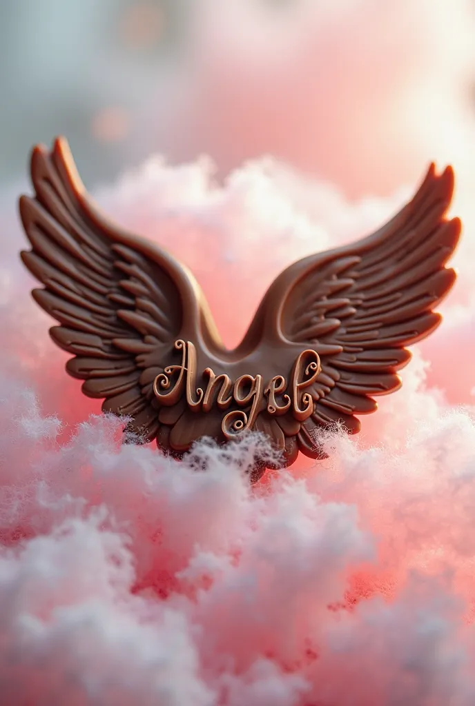 A chocolate in a shape of angel wings 🪽 and with name angel and with cotton candy 